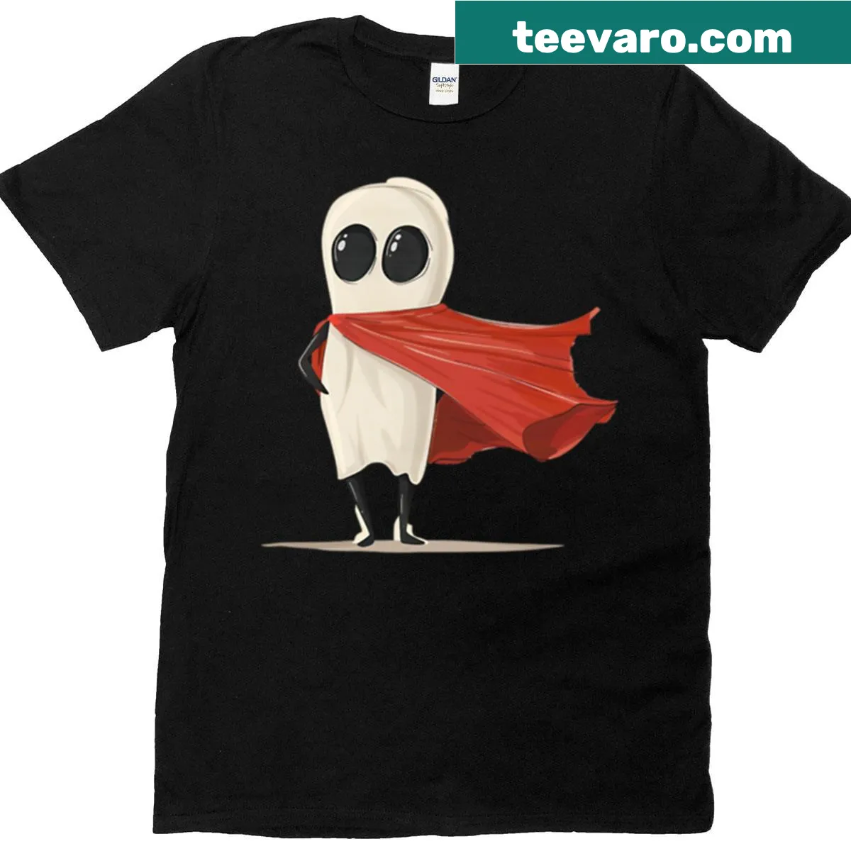 Cartoon ghost in a red cape with a humorous Halloween theme — on a men's t-shirt