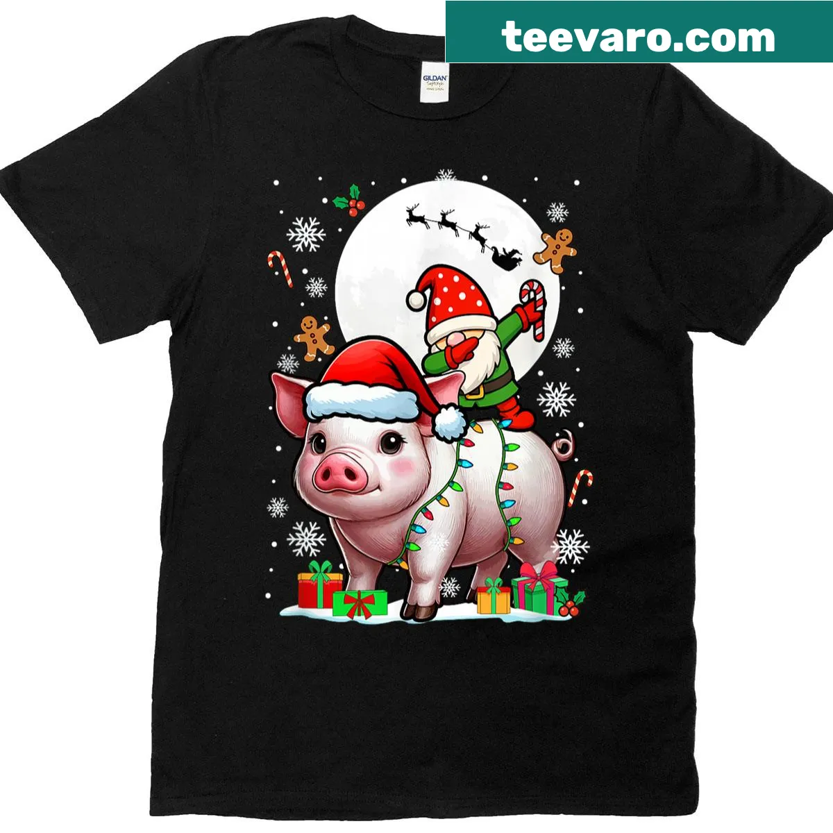 Holiday tee featuring a dabbing gnome on a pig with Christmas lights. — on a men's t-shirt
