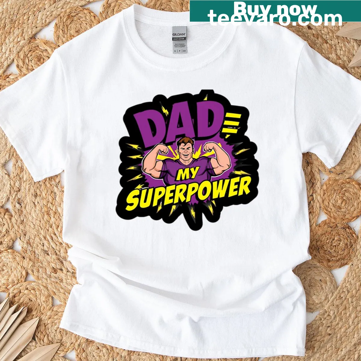 Funny T-shirt saying 'Dad My Superpower' in playful typography — on a men's t-shirt