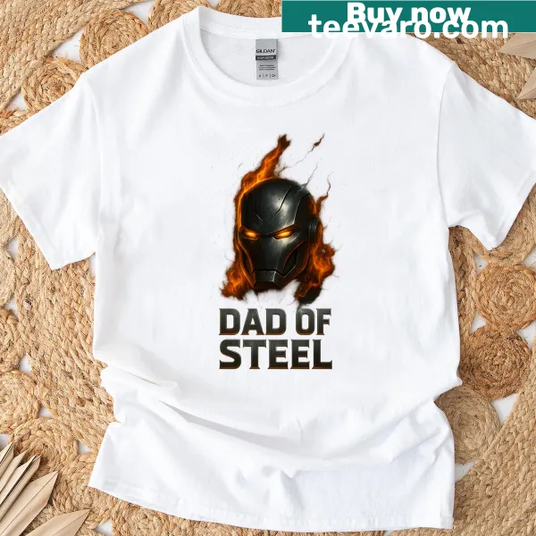 Fiery artwork of a superhero dad on a t-shirt