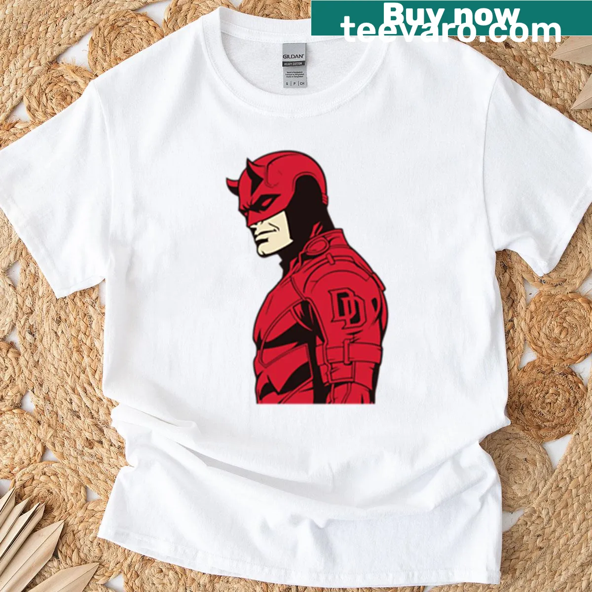 Illustration of a dark vigilante in red armor with devil horns — on a men's t-shirt