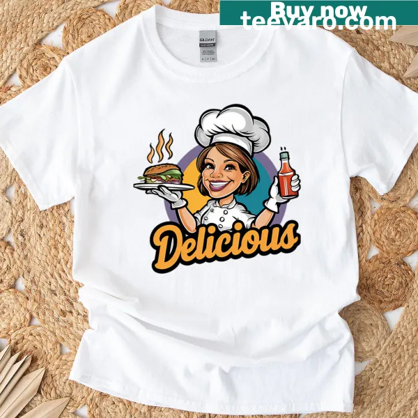 Culinary-themed oversized T-shirt featuring various food illustrations.