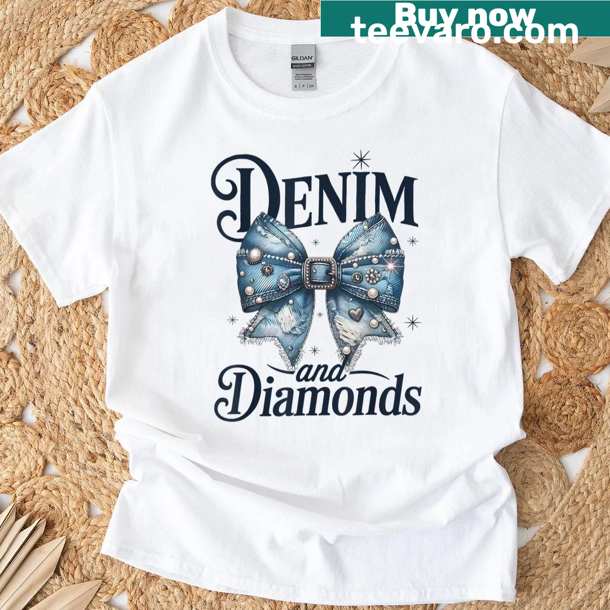 Illustrated T-shirt with a denim and diamonds bow for women — on a men's t-shirt