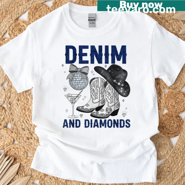 Vintage-style T-shirt featuring a cowgirl theme with denim and diamonds