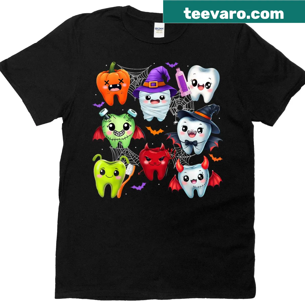 Cartoon Halloween T-shirt with dentist and spooky teeth graphics — on a men's t-shirt