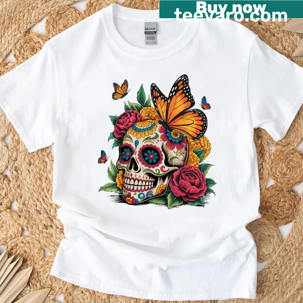 T-shirt featuring a floral sugar skull design for Dia De Los Muertos.