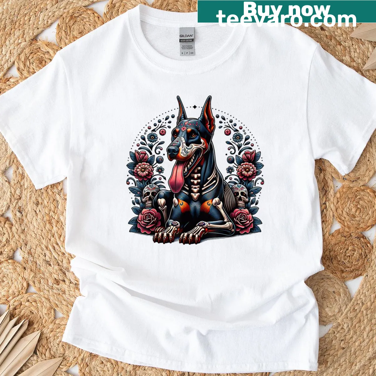 Dia De Los Muertos Doberman illustration T-shirt — on a men's t-shirt