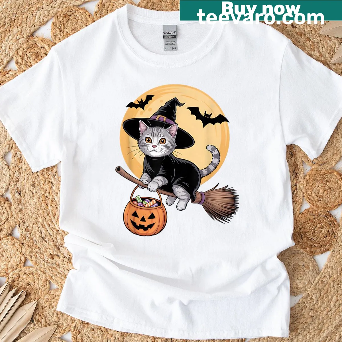 Domestic Shorthair cat with witch hat and pumpkin illustration T-shirt — on a men's t-shirt