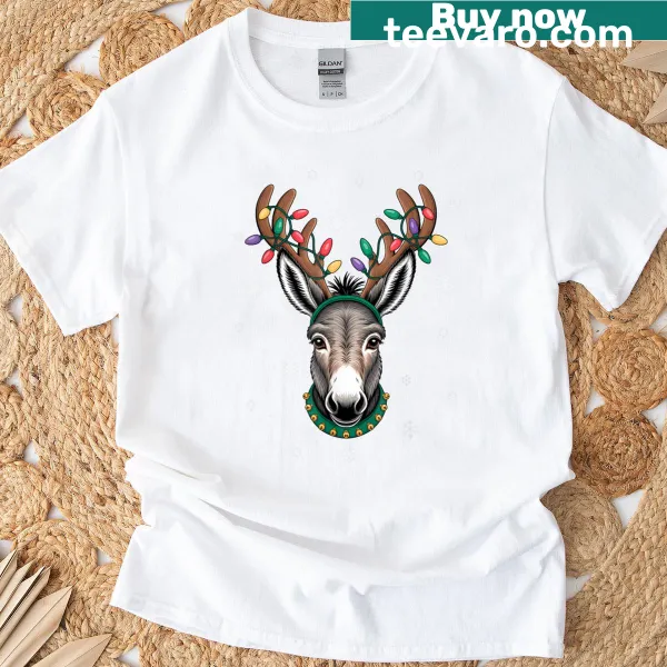 Cute donkey with reindeer antlers design T-shirt