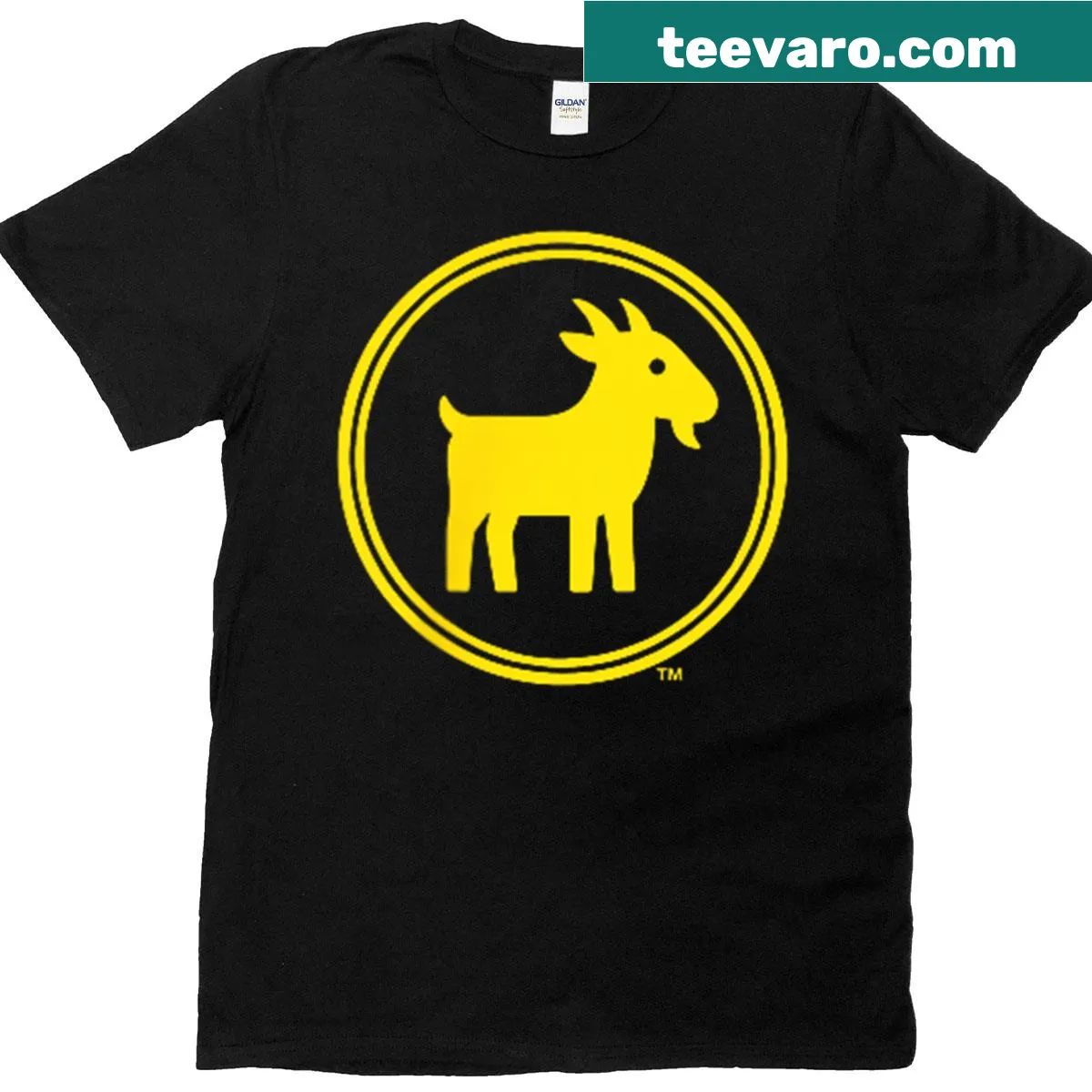 Humorous graphic tee with 'Dont Push That Goat - Greatest Of All Time' text. — on a men's t-shirt