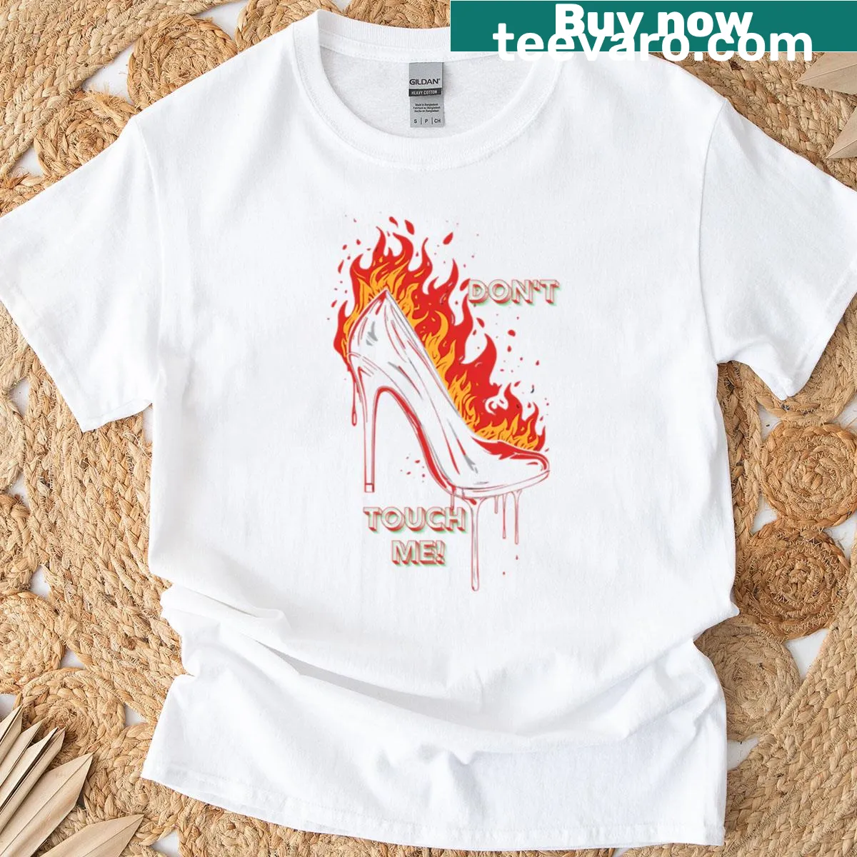 Edgy graphic of a burning high heel with bold text — on a men's t-shirt