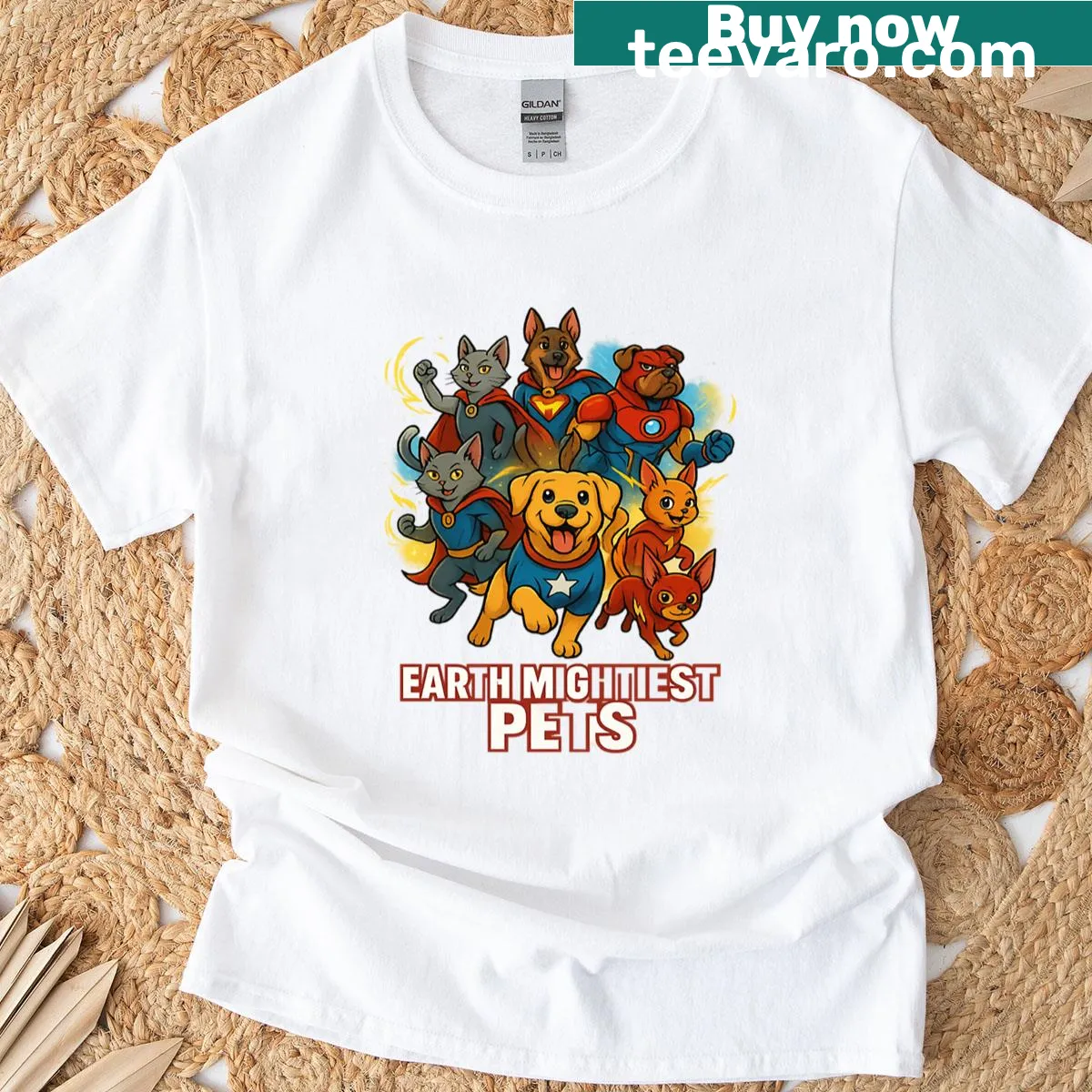 Superhero pets illustration T-shirt — on a men's t-shirt