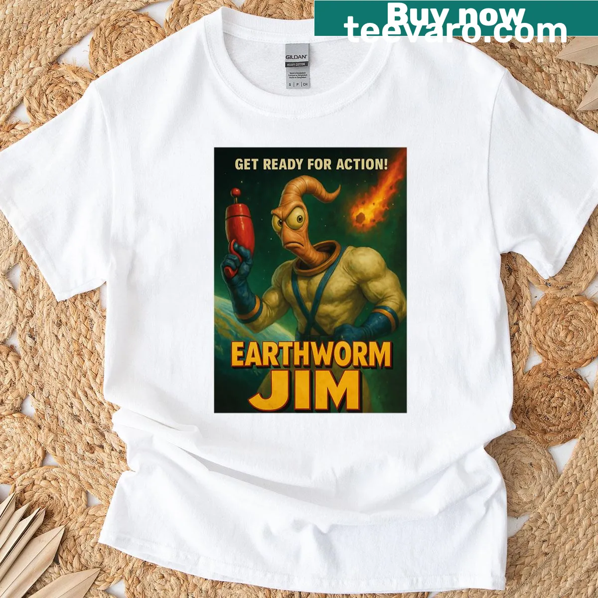 Vintage Earthworm Jim inspired gaming T-shirt design — on a men's t-shirt