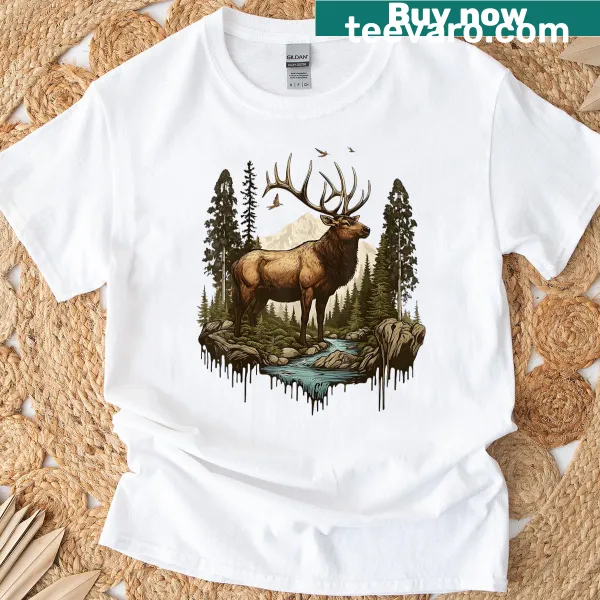 Illustrative T-shirt featuring an elk hunting and hiking theme for outdoor lovers