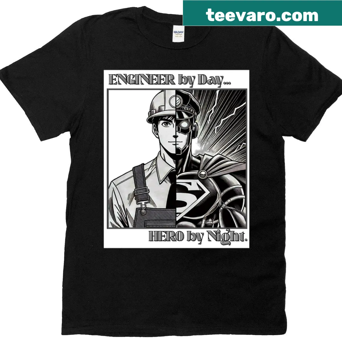 Manga style T-shirt for engineers with funny graphic — on a men's t-shirt