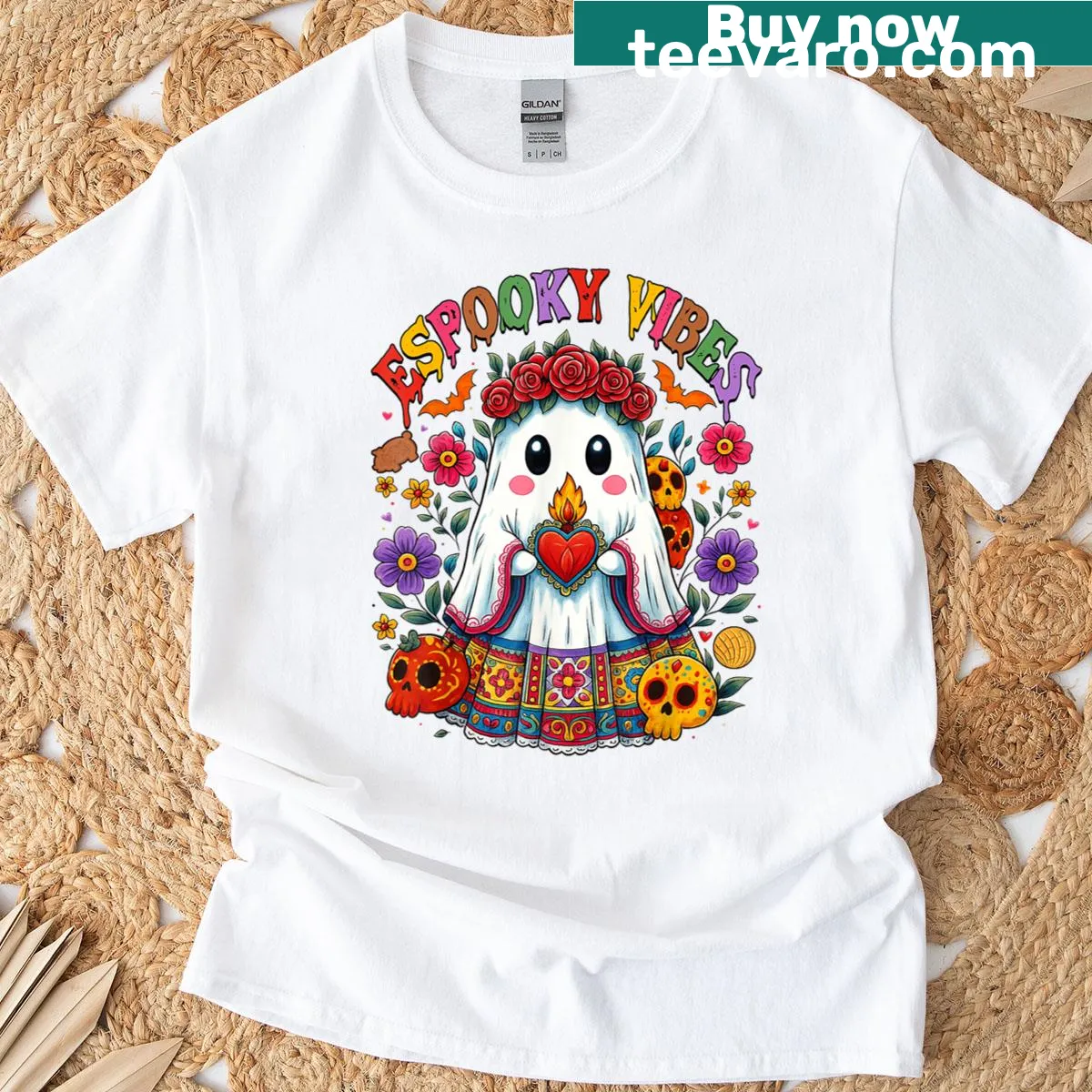 Cute Halloween-themed t-shirt with a ghost graphic and text — on a men's t-shirt