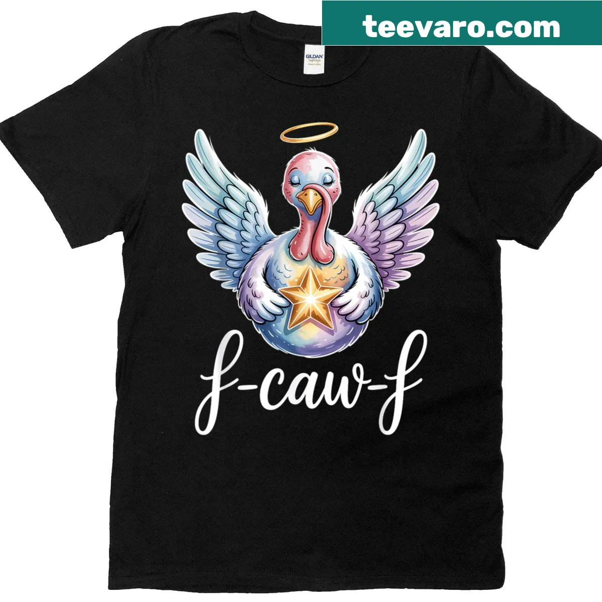 Whimsical turkey with halo design for Thanksgiving T-shirt — on a men's t-shirt