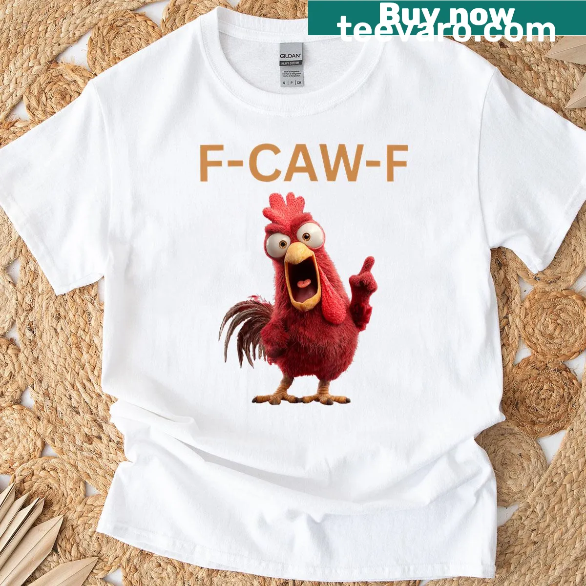 Funny F-caw-f Chicken T-shirt with humorous text — on a men's t-shirt