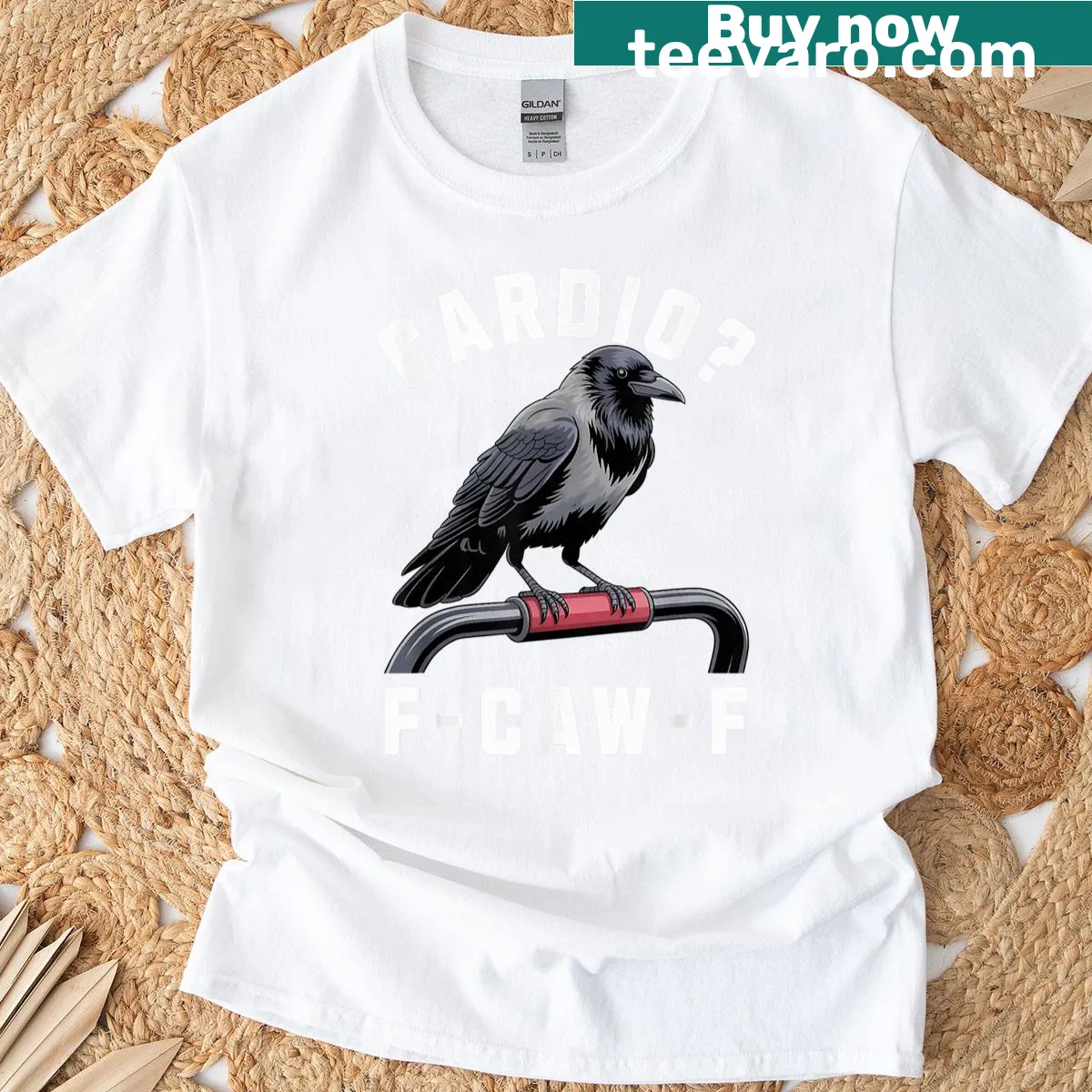 Funny raven graphic with gym humor text for workout motivation — on a men's t-shirt