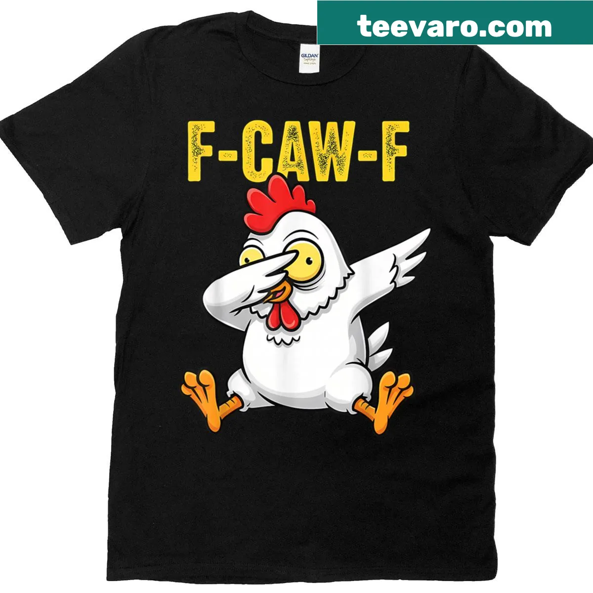 Funny chicken dab dance cartoon graphic t-shirt — on a men's t-shirt