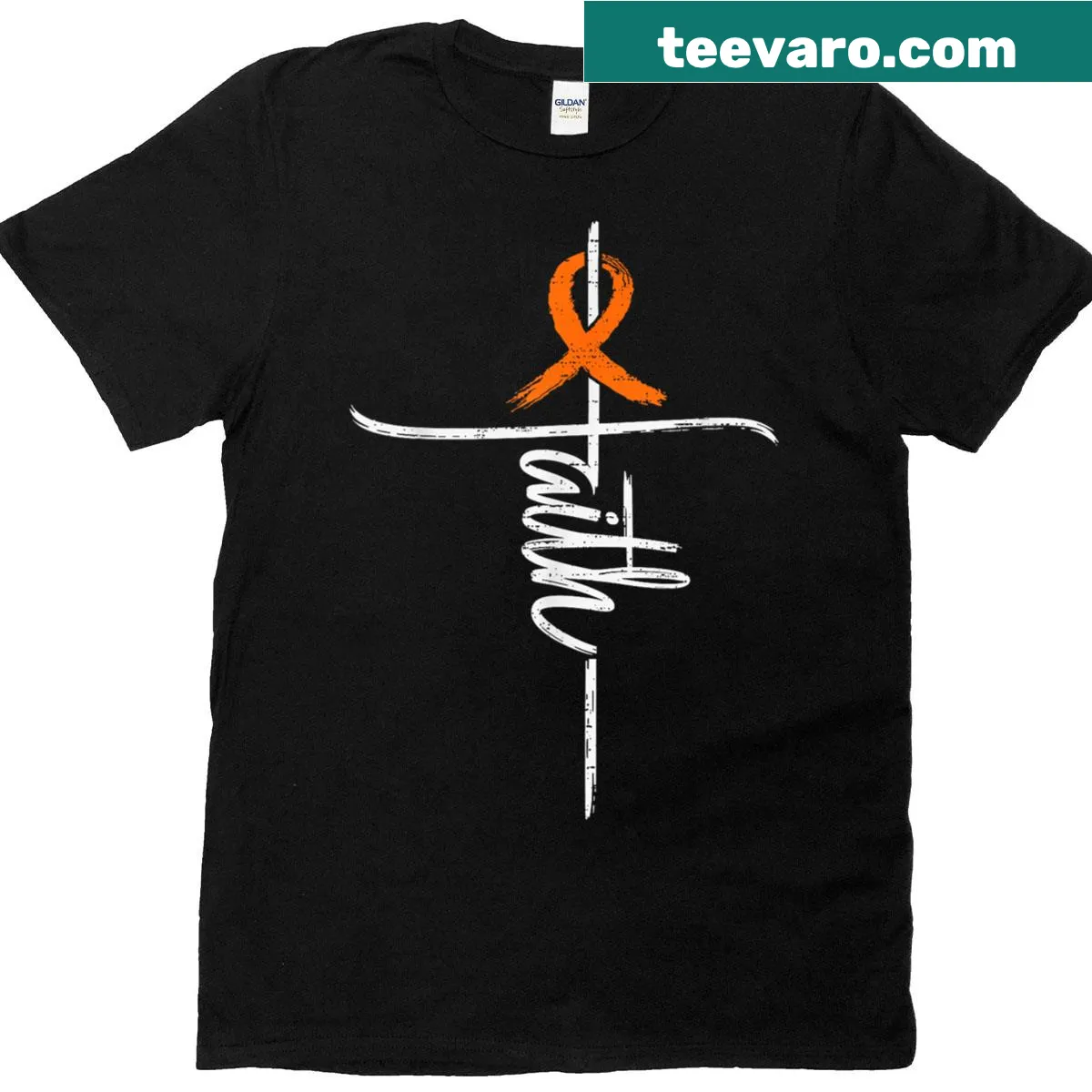 T-shirt with a cross and ribbon design for leukemia awareness — on a men's t-shirt