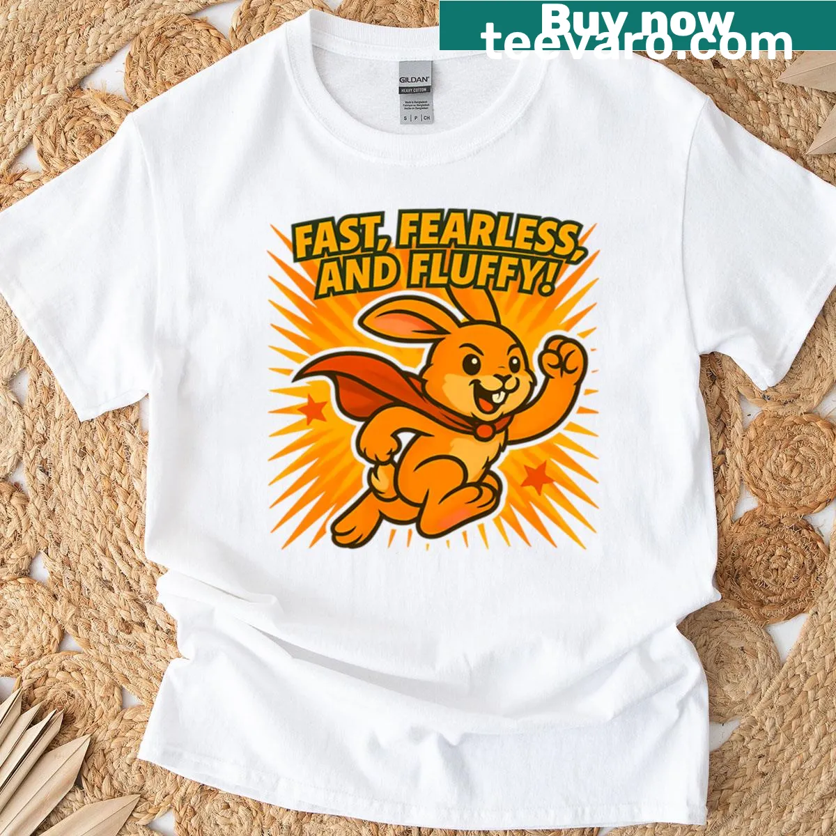 Playful illustration of a fluffy bunny hero on a T-shirt — on a men's t-shirt
