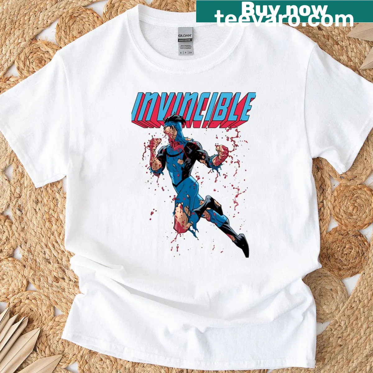 Funny cartoon T-shirt depicting a parody superhero dad and son — on a men's t-shirt
