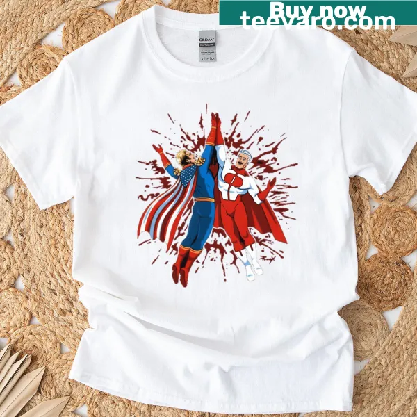 Cartoon father-son superhero parody T-shirt design