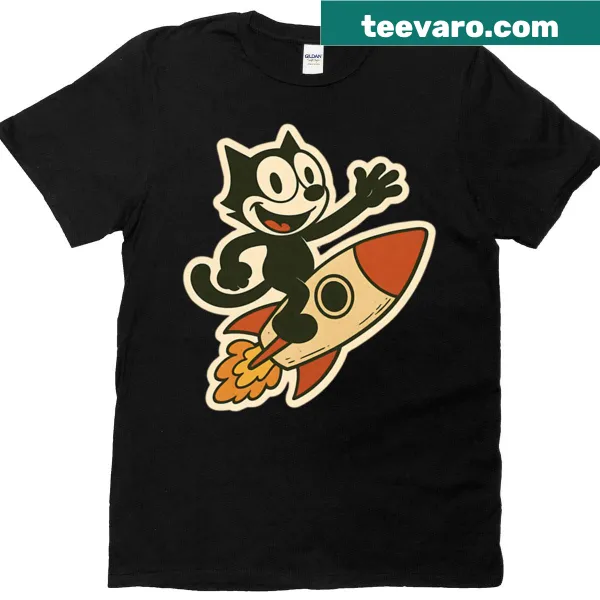 Felix Cat riding a rocket illustration on an oversized vintage t-shirt