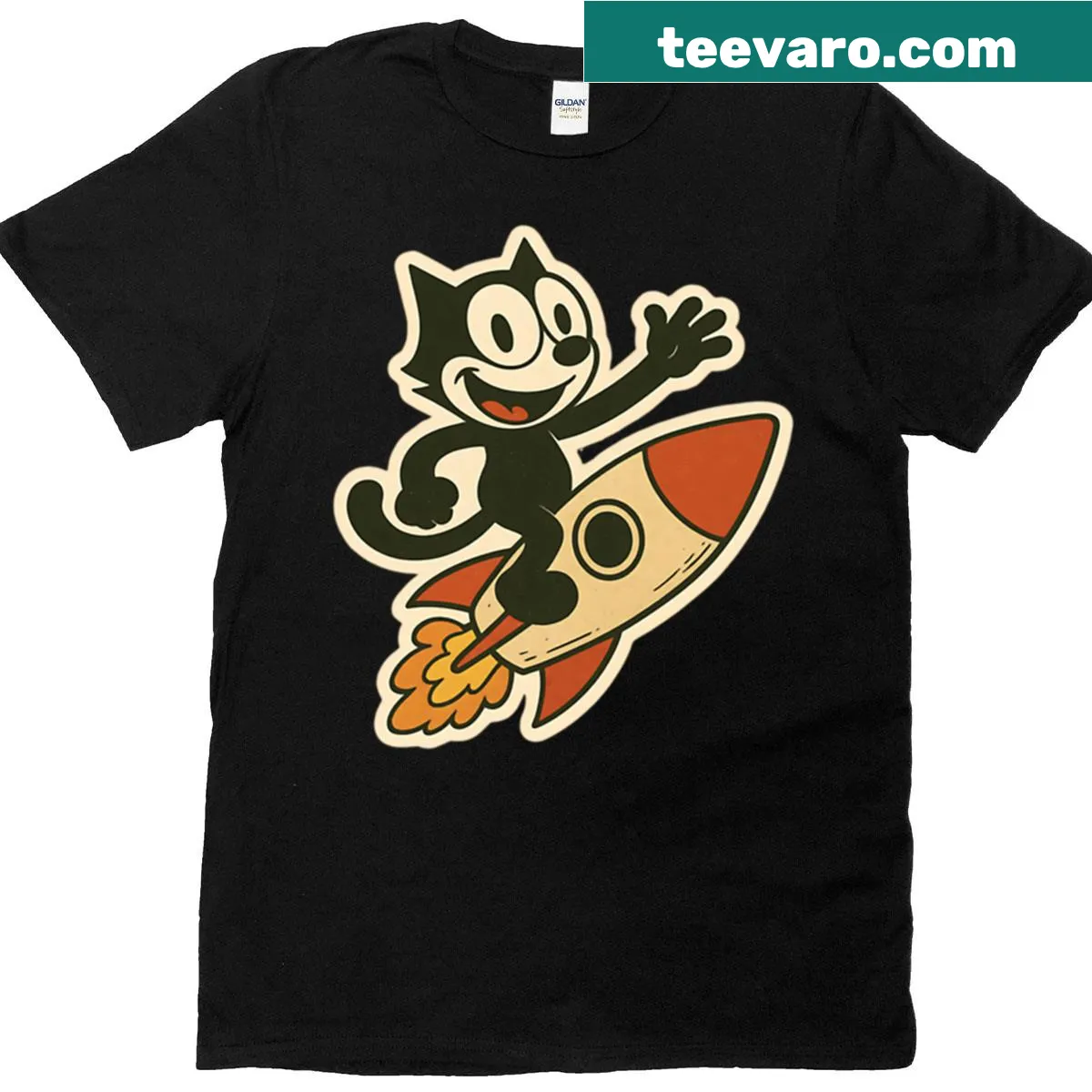 Felix Cat riding a rocket illustration on an oversized vintage t-shirt — on a men's t-shirt