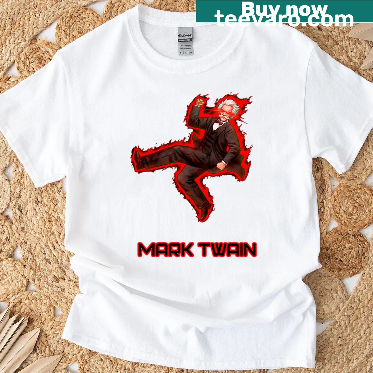 Vintage-style T-shirt featuring a graphic honoring Mark Twain. — on a men's t-shirt