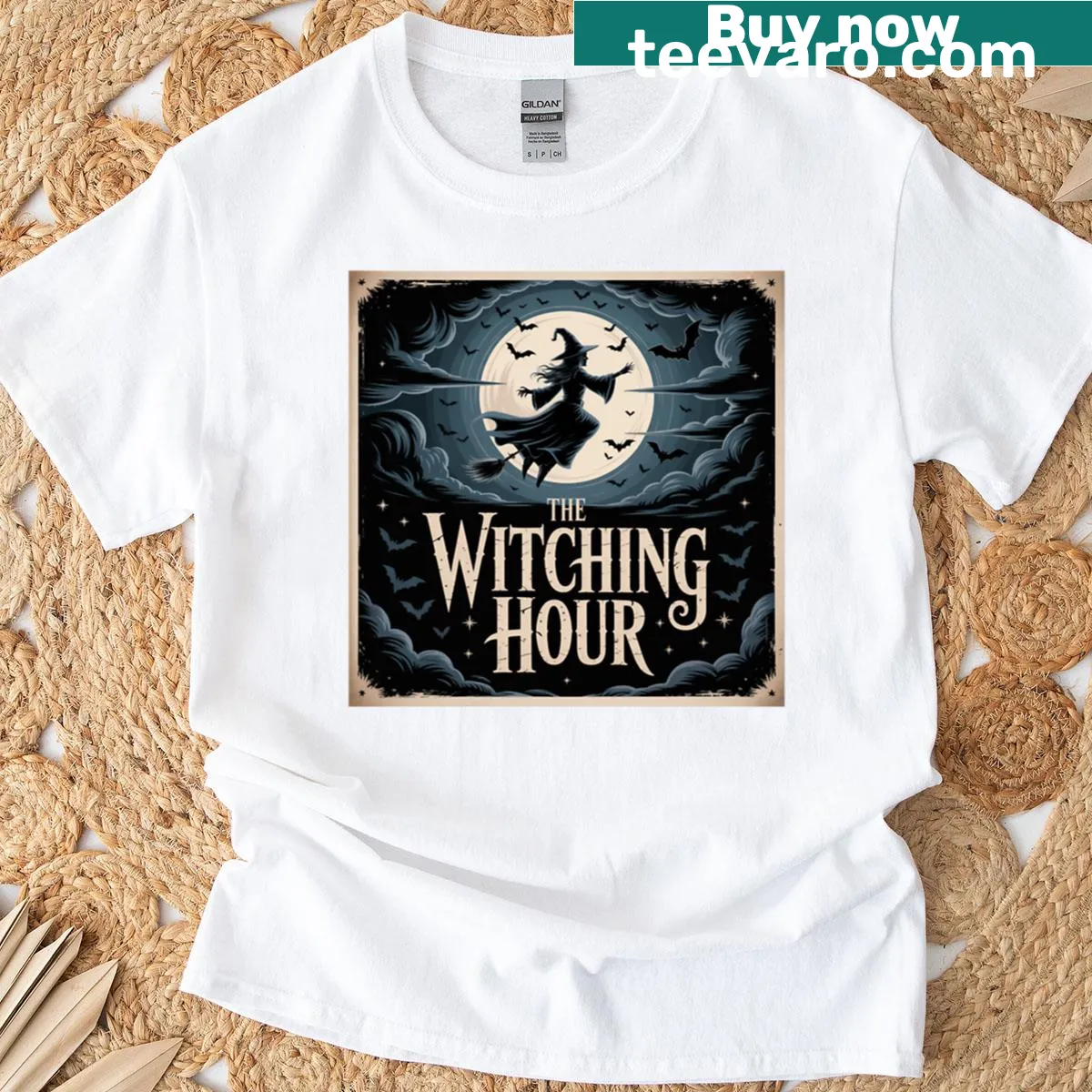 Oversized spooky-themed t-shirt with playful flying spells design — on a men's t-shirt