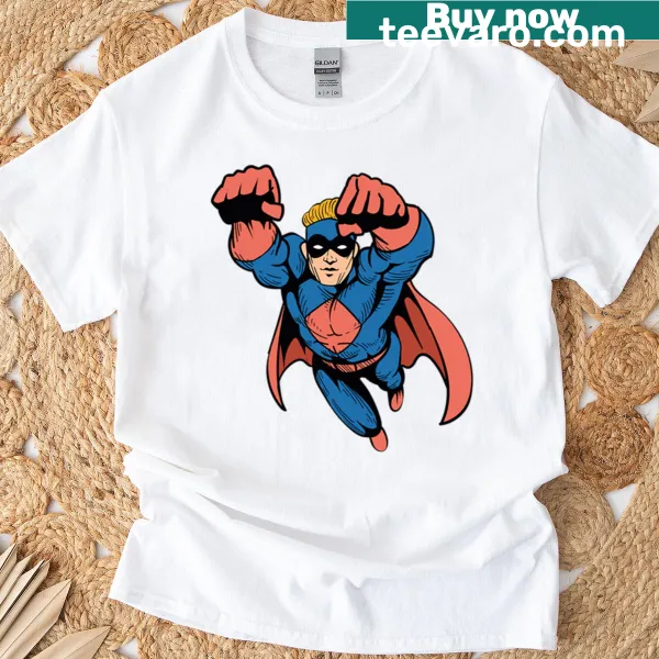 Flying superhero graphic in action pose on an oversized T-shirt