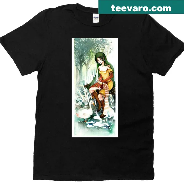 Illustration of a girl and a duck on a nature-themed t-shirt