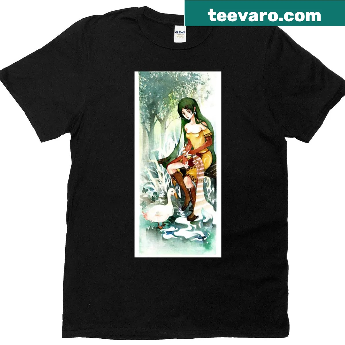 Illustration of a girl and a duck on a nature-themed t-shirt — on a men's t-shirt