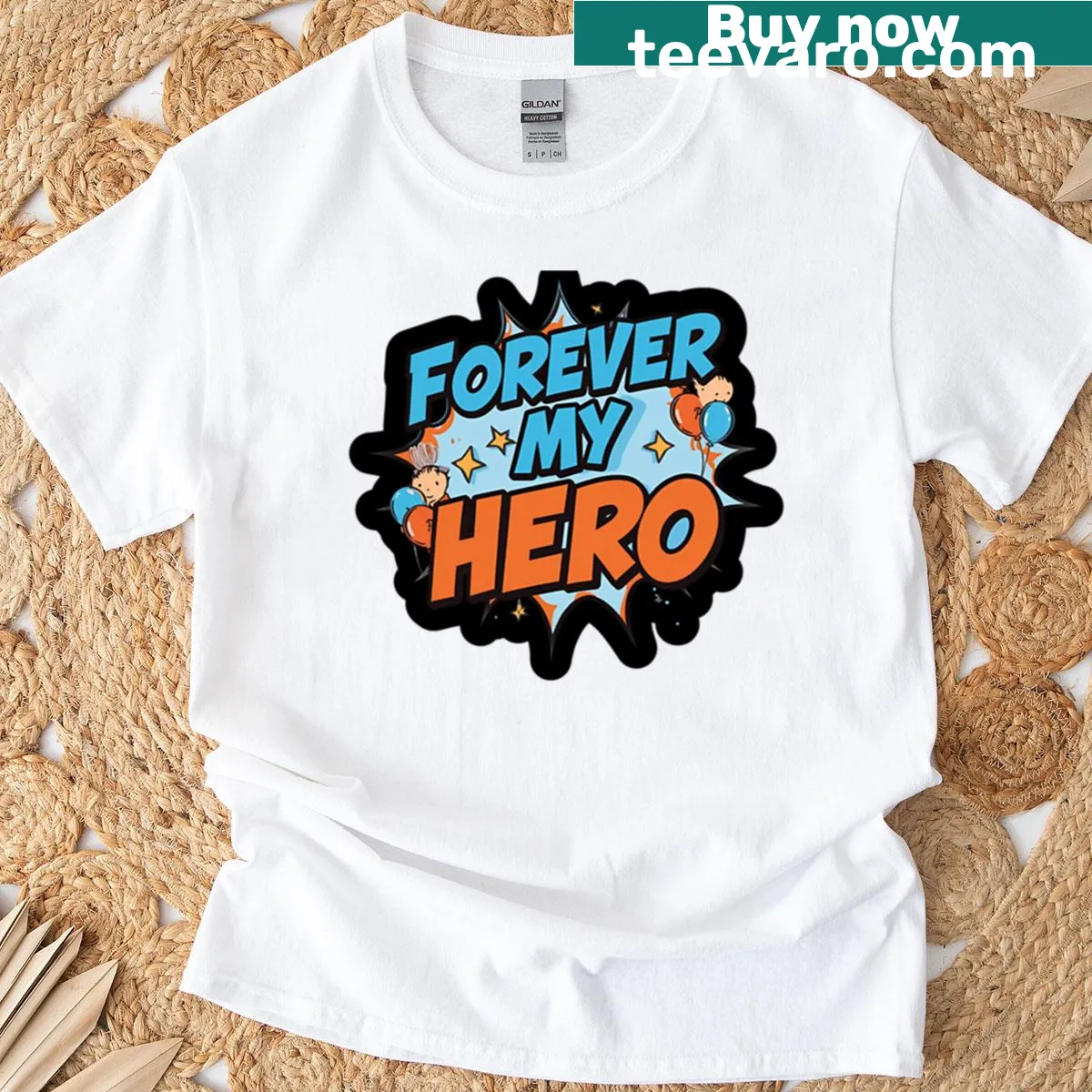 Text graphic reading 'Forever My Hero' on a sentimental T-shirt — on a men's t-shirt