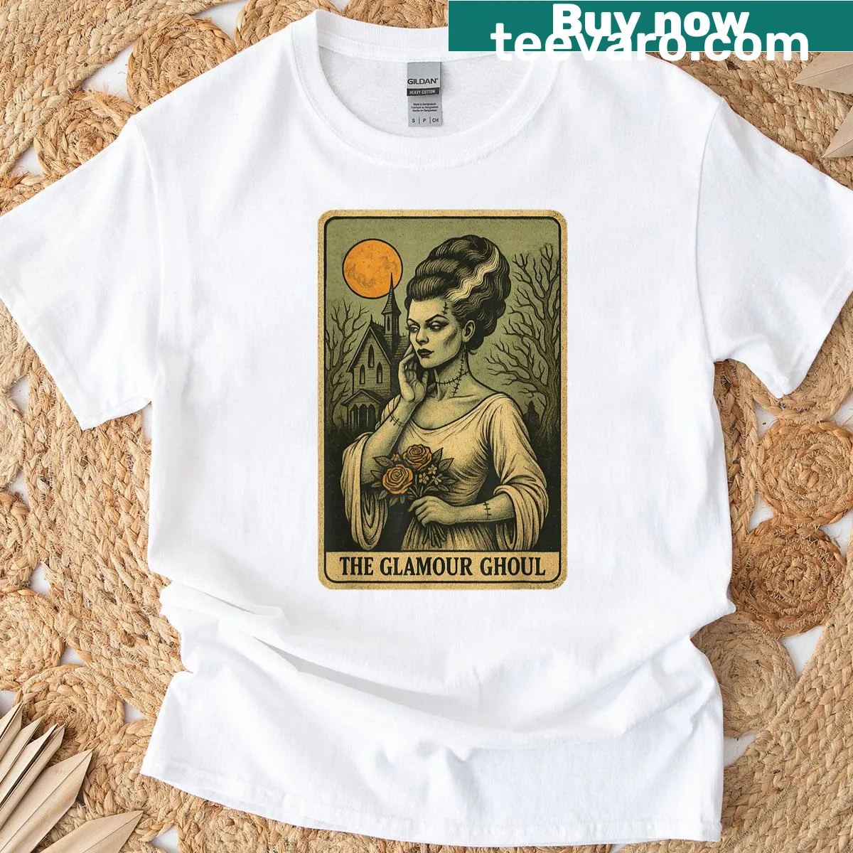 Illustrated tarot card of Frankenstein's Bride with mystical symbols — on a men's t-shirt