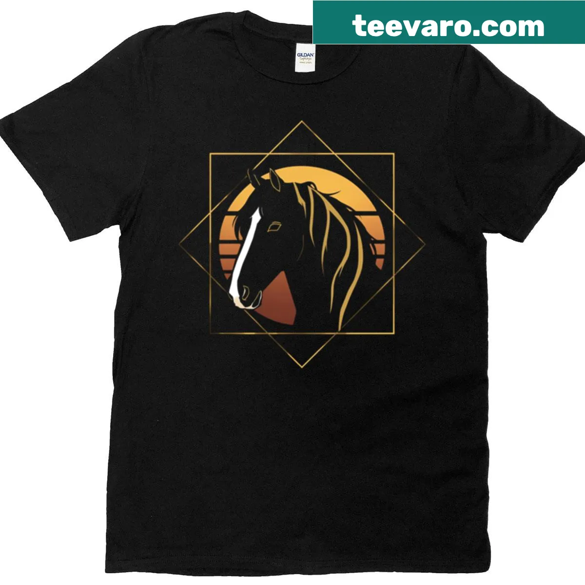 Minimalist geometric design of a Friesian horse in a frame — on a men's t-shirt