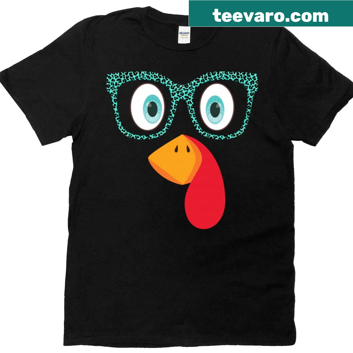 Cartoon turkey with leopard glasses on a Thanksgiving t-shirt — on a men's t-shirt