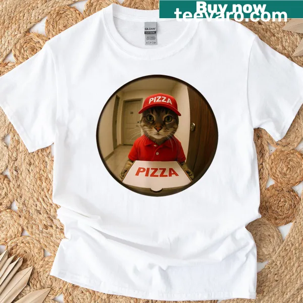 T-shirt featuring funny kittens with pizza in a playful cartoon style