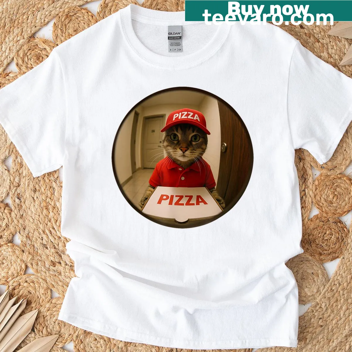 T-shirt featuring funny kittens with pizza in a playful cartoon style — on a men's t-shirt