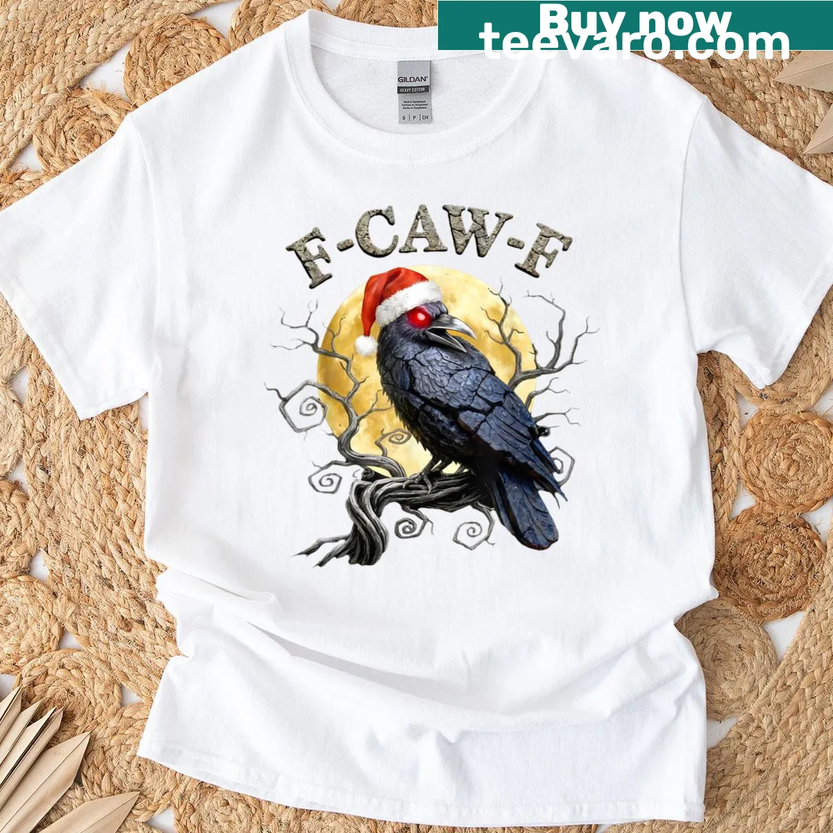 Cartoon t-shirt featuring a funny crow in a Santa hat for Christmas — on a men's t-shirt