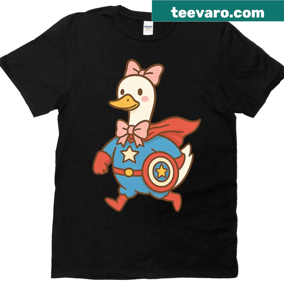 Cartoon superhero duck with cape and shield design — on a men's t-shirt