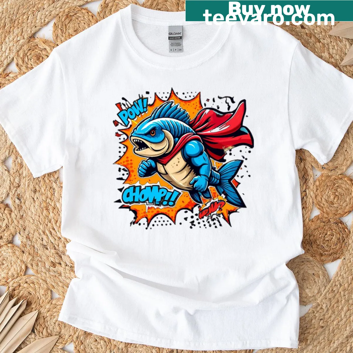 Cartoon Dunkleosteus fish illustration on a kids' T-shirt — on a men's t-shirt