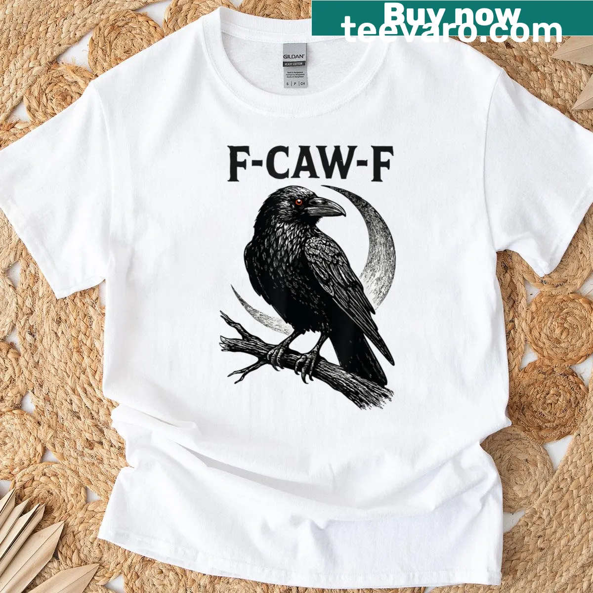 T-shirt with humorous text 'F Caw F' and a crow graphic. — on a men's t-shirt