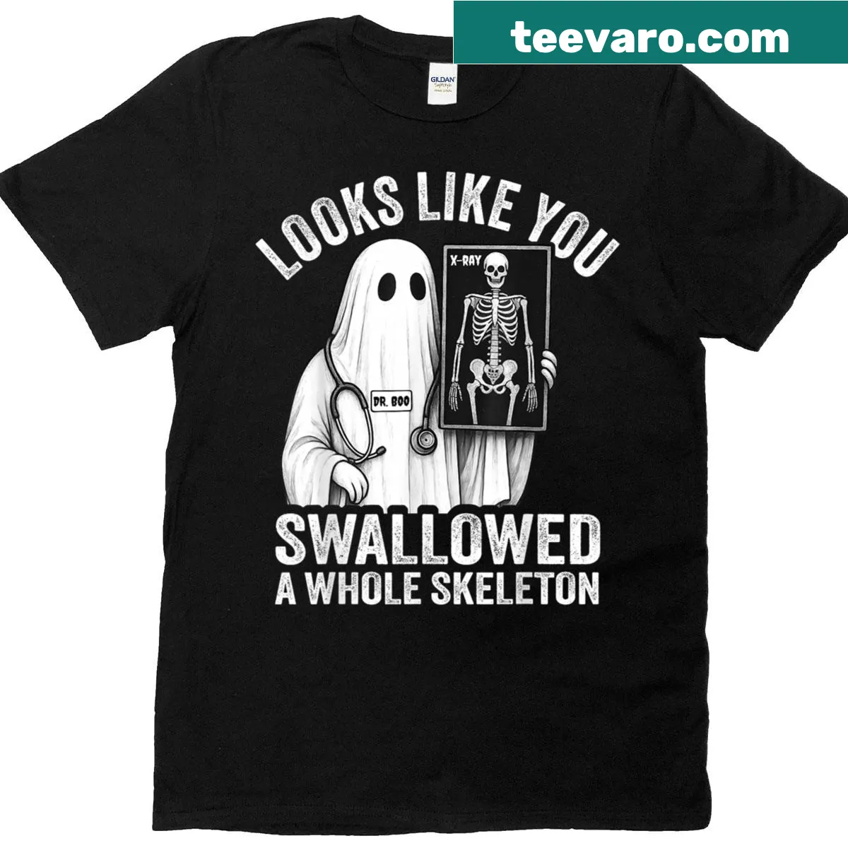 Funny ghost doctor graphic with X-ray elements for Halloween T-shirt — on a men's t-shirt