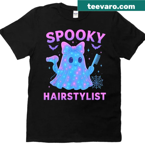 Funny Halloween T-shirt featuring a ghost hairstylist design