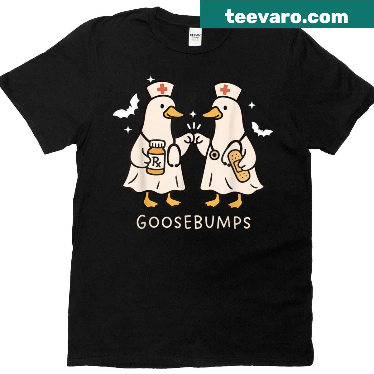 Funny Halloween nurse t-shirt with Goosebumps and silly goose graphic — on a men's t-shirt