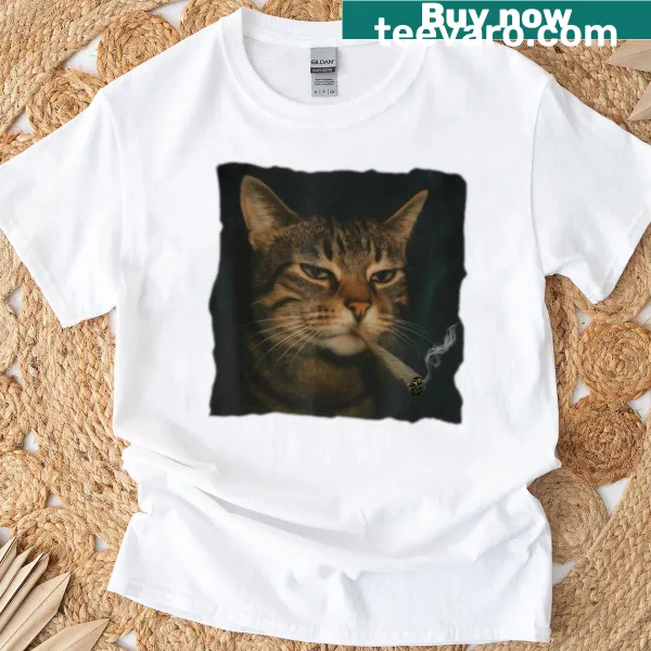 Cartoon cat smoking a blunt on a humorous T-shirt