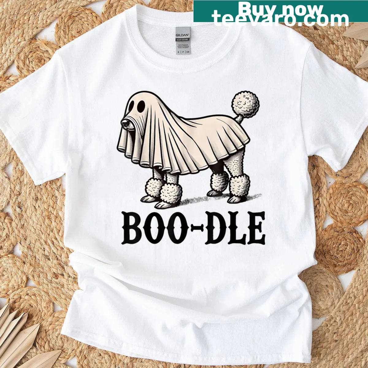 Ghost poodle illustration on a Halloween-themed T-shirt — on a men's t-shirt